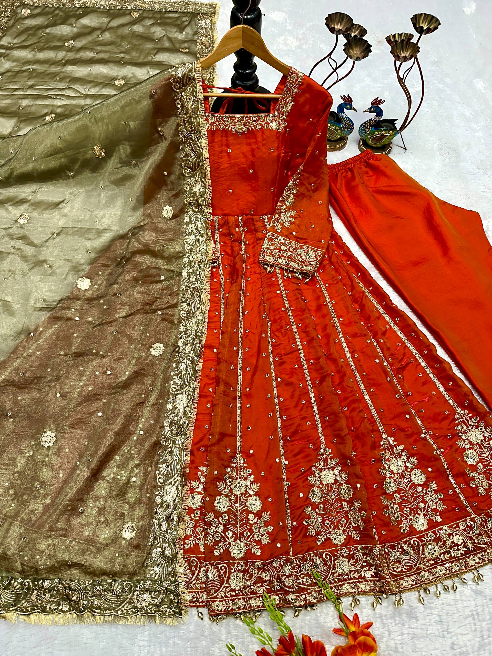 Modern Vermilion Flared Anarkali Set